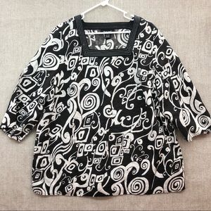 Alexandra Bartlett Abstract Print Linen 3/4 Sleeve Square Neck Blouse Size 1X